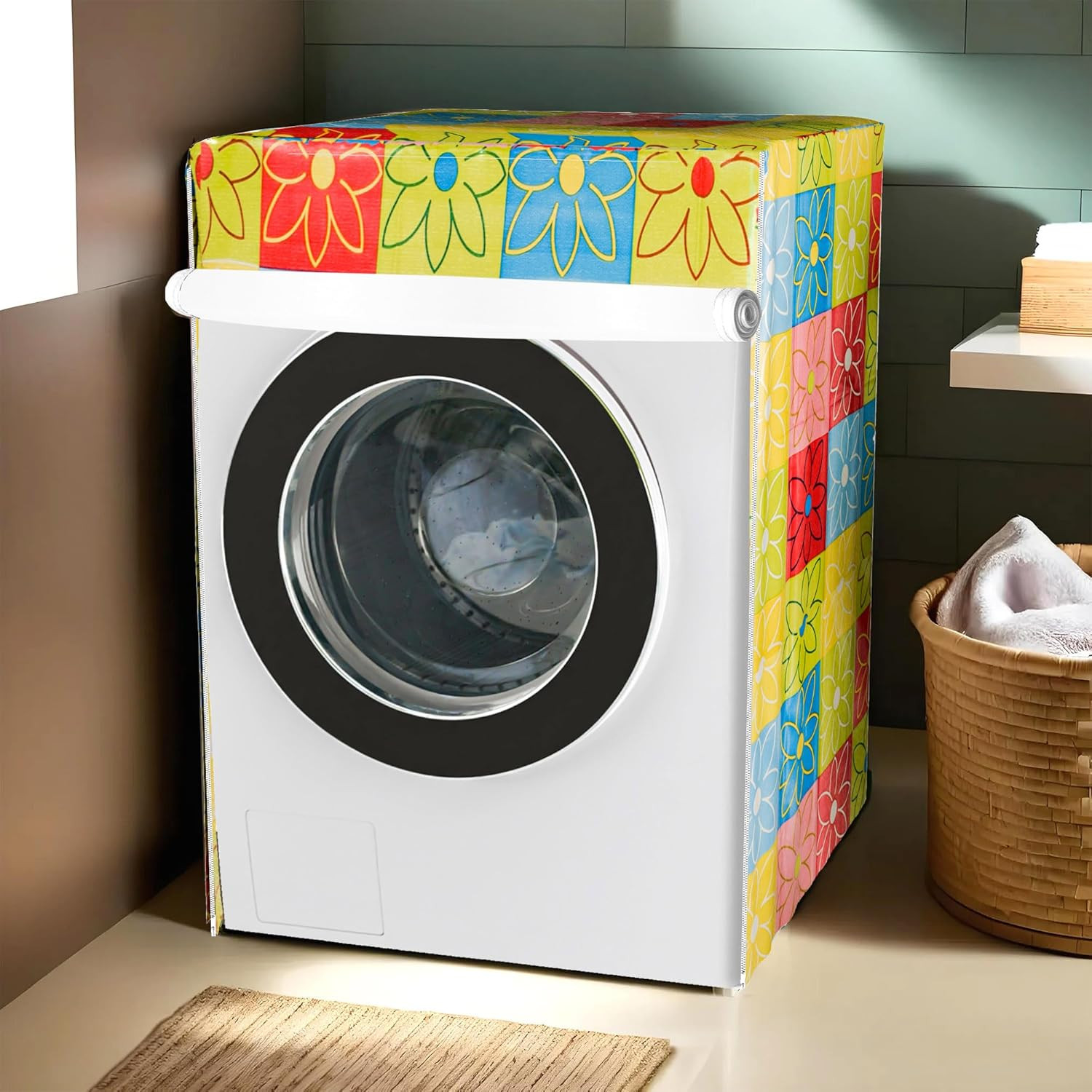 Tiksha Enterprises Washing Machine Cover | Front Load Washer Covers | Zipper | Ideal For 6 kg, 6.5 kg, 7 kg & 7.5 kg | Waterproof & Dust-Proof Machine Cover | Check Flower | Multicolor