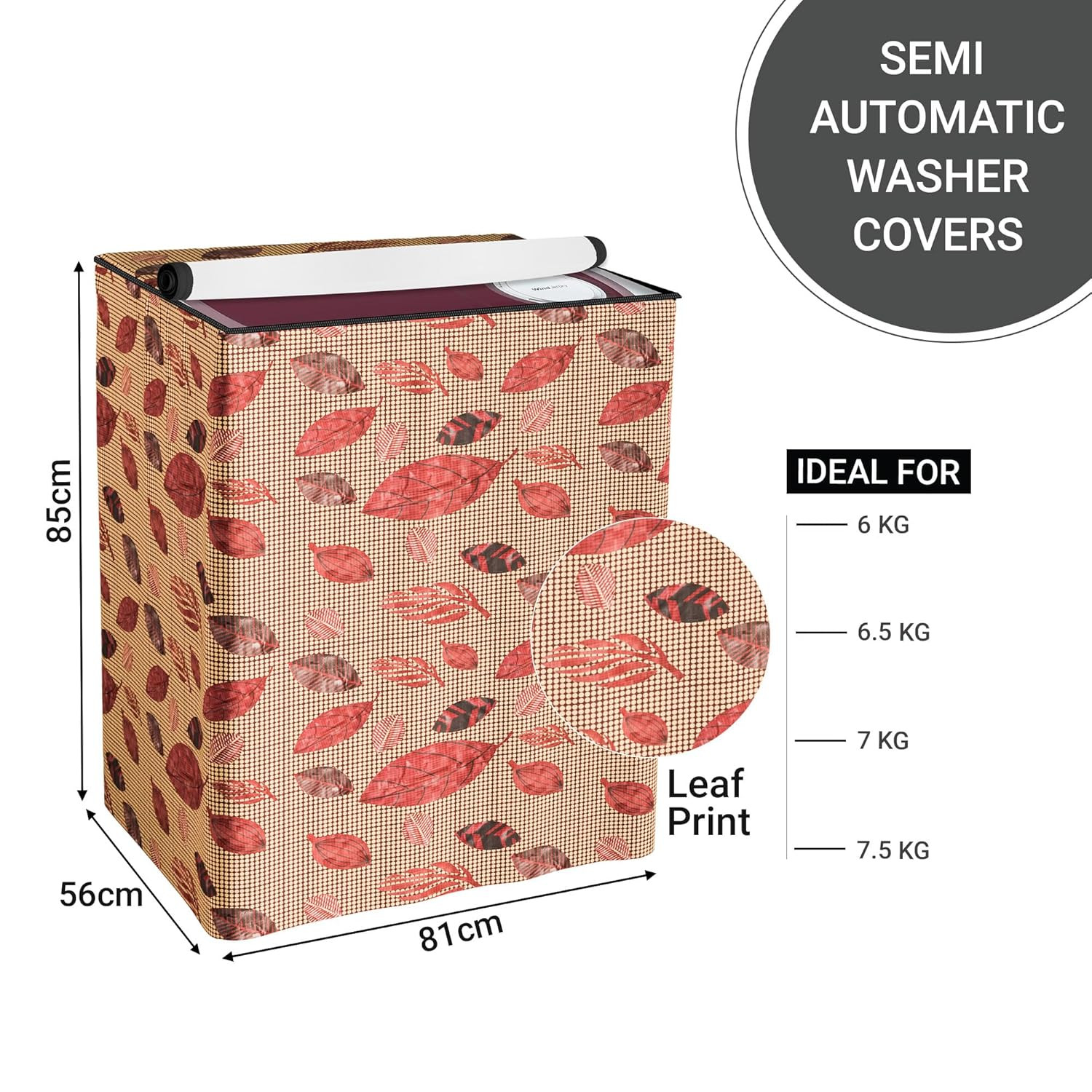 Tiksha Enterprises Washing Machine Cover | Semi-Automatic Washer Covers | Ideal For 6 kg, 6.5 kg, 7 kg & 7.5 kg | Waterproof & Dust-Proof Machine Cover | Leaf Print | Brown
